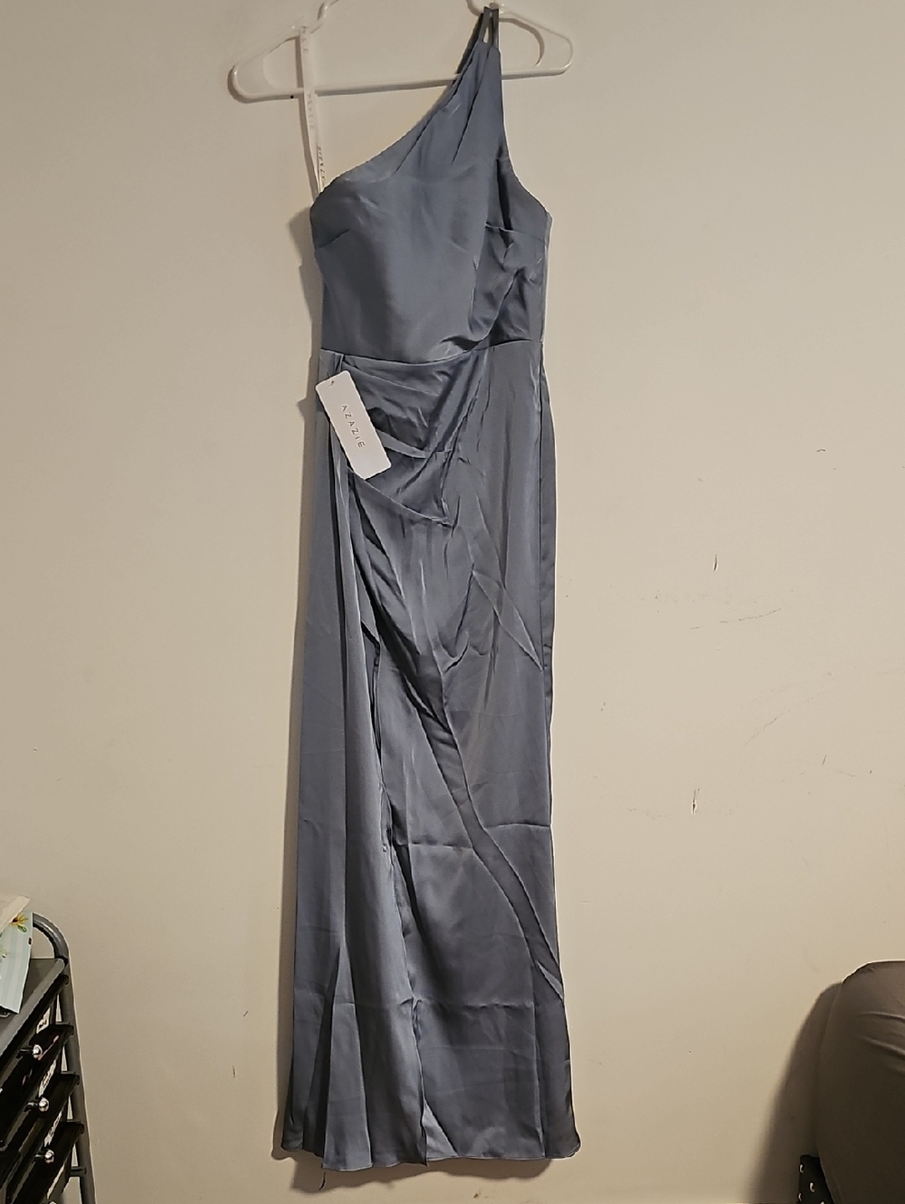 Azazie One-Shoulder Slate Blue Satin Gown
